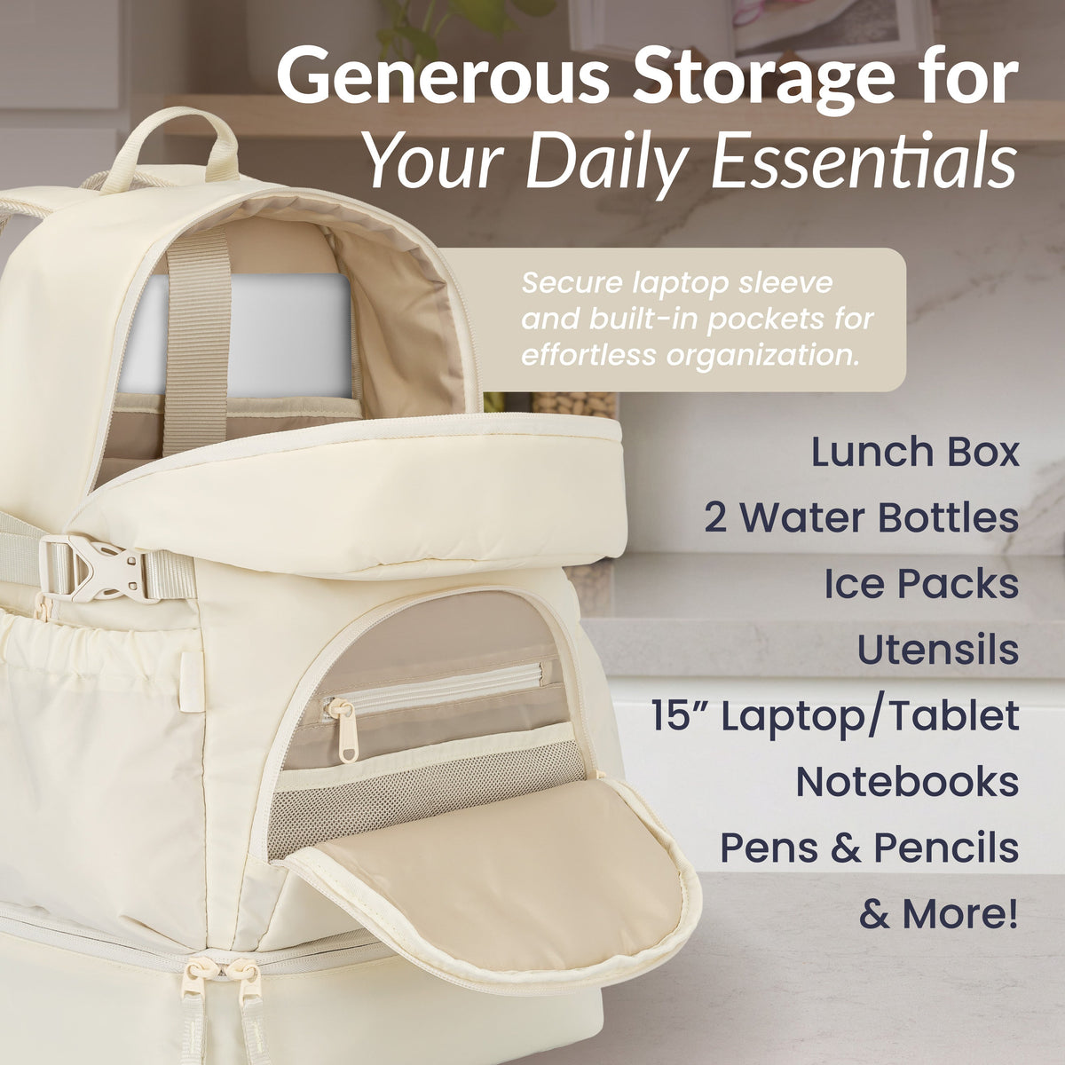 Bentgo® 2-in-1 Backpack & Lunch Bag - Bone | Generous Storage For Your Daily Essentials - Secure Laptop Sleeve And Built-In Pockets For Effortless Organization - Lunch Box, 2 Water Bottles, Ice Packs, Utensils, 15” Laptop/Tablet, Notebooks, Pens & Pencils, & More!