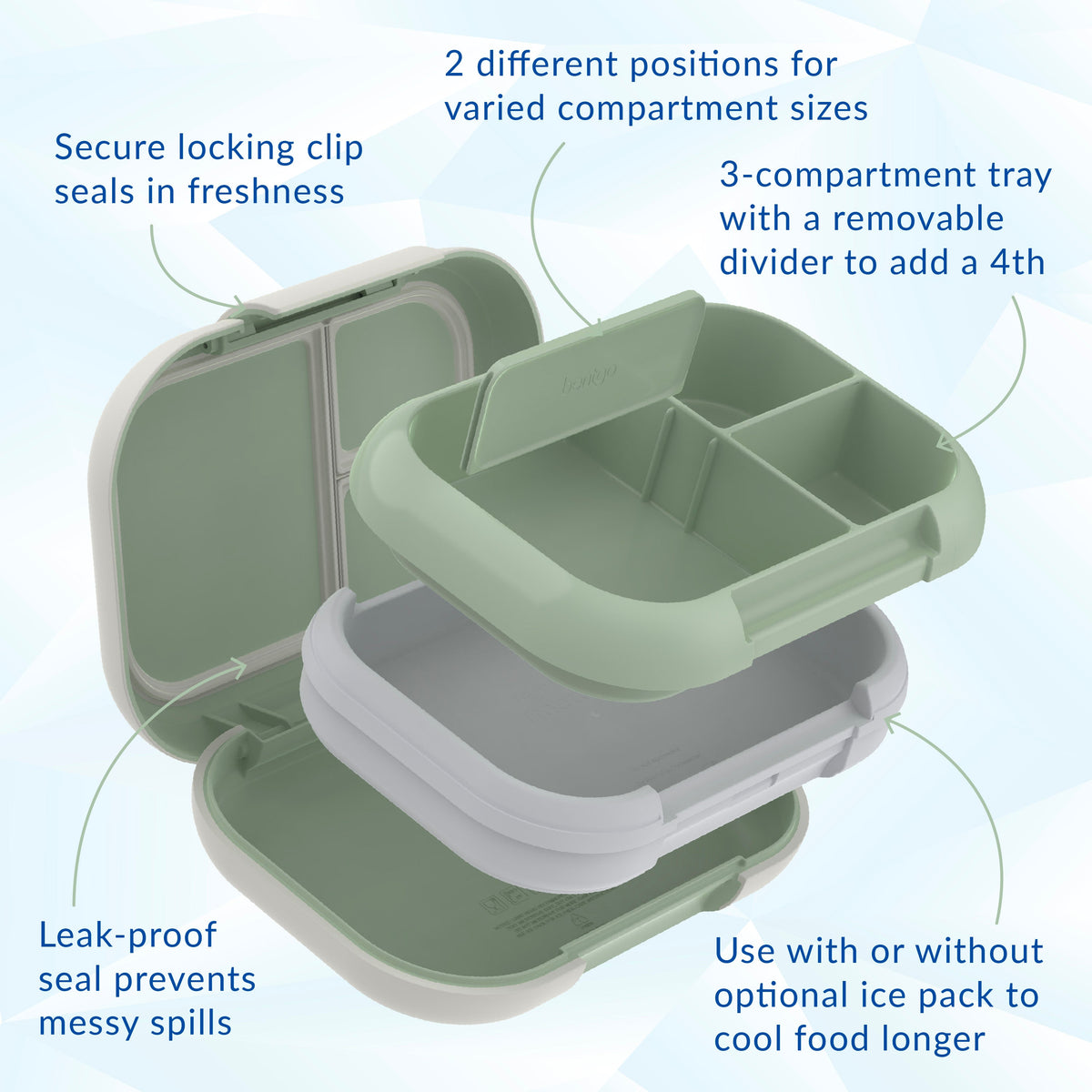 Bentgo® Chill Max Lunch Box - Clay Green and Gray | Secure Locking Clip, 2 Different Positions For Varied Compartment Sizes, 3-Compartment Tray With A Removable Divider To Add A 4th, Leak-Proof Seal Prevents Messy Spills, And Use With Or Without Optional Ice Pack To Cool Food Longer