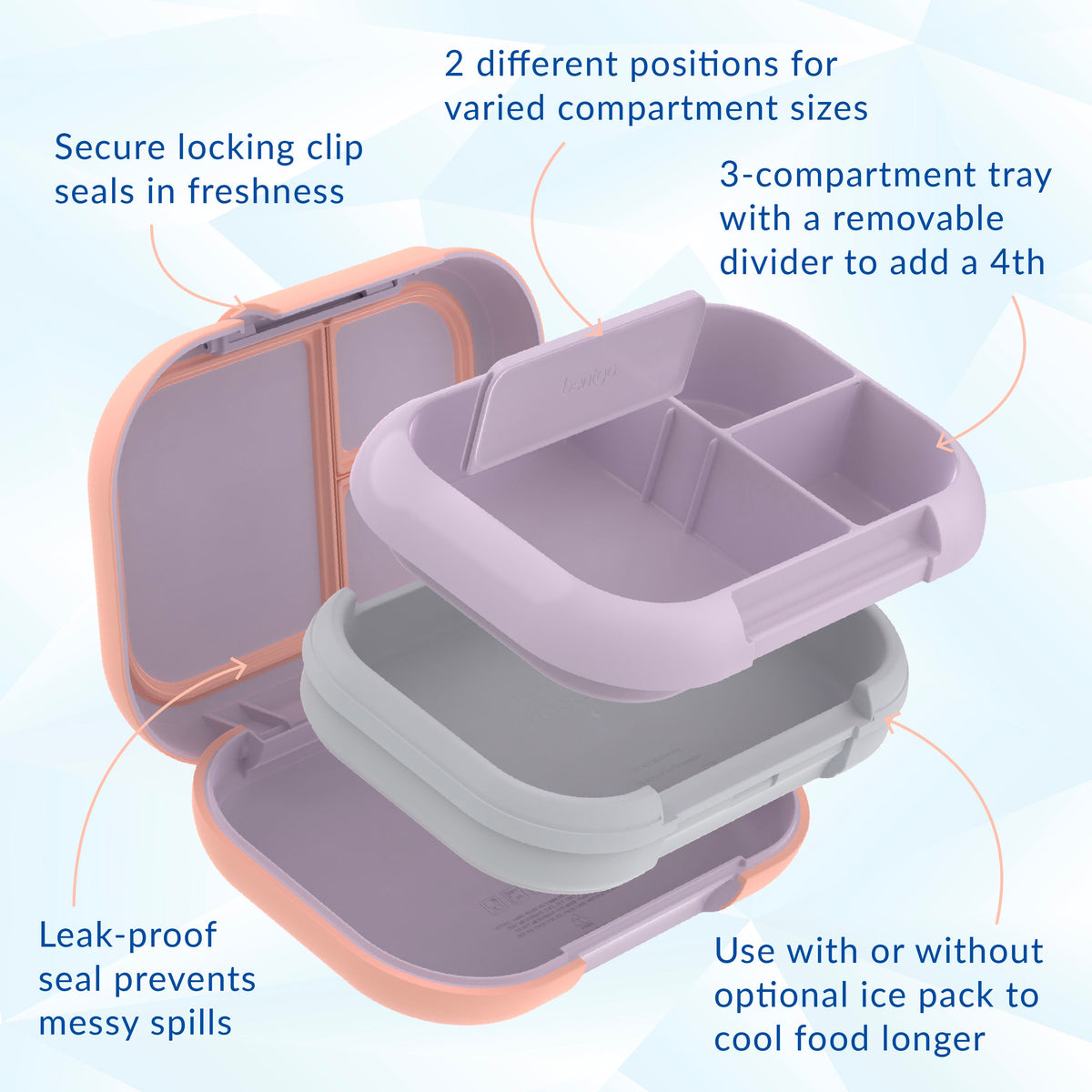 Bentgo® Chill Max Lunch Box - Lavender and Peach | Secure Locking Clip, 2 Different Positions For Varied Compartment Sizes, 3-Compartment Tray With A Removable Divider To Add A 4th, Leak-Proof Seal Prevents Messy Spills, And Use With Or Without Optional Ice Pack To Cool Food Longer