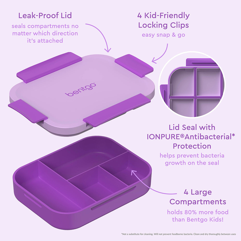 Bentgo® Kids Snap & Go Lunch Box | Purple - Our Lunch Box Features A Leak-Proof Lid, Kid-Friendly Locking Clips, and 4 Large Compartments