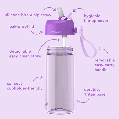 Bentgo® Kids Water Bottle - Purple | Hygienic Flip-Up Cover, Silicone Bite & Sip Straw, Leak-Proof Lid, Detachable Easy-Clean Straw, Durable Tritan Base, And Removable Easy-Carry Handle