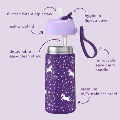 Bentgo® Kids Stainless Steel Insulated Water Bottle - Unicorn | Water Bottle Features Silicone Bite & Sip Straw, Hygienic Flip-Up Cover, Leak-Proof Lid, Premium, 18/8 Stainless Steel And Much More