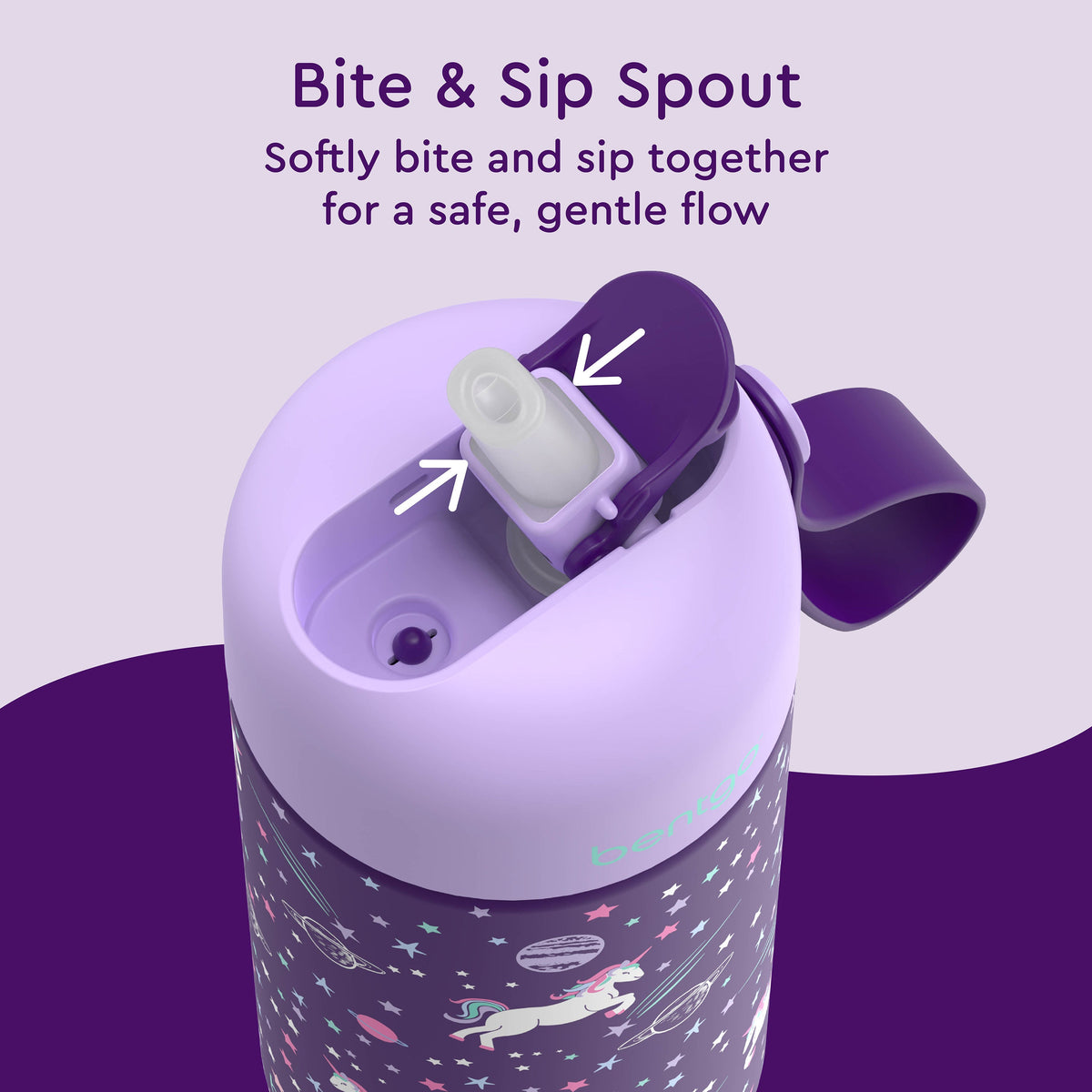 Bentgo® Kids Stainless Steel Insulated Water Bottle - Unicorn | Bite & Sip Spout - Softly Bite And Sip Together For A Safe, Gentle Flow