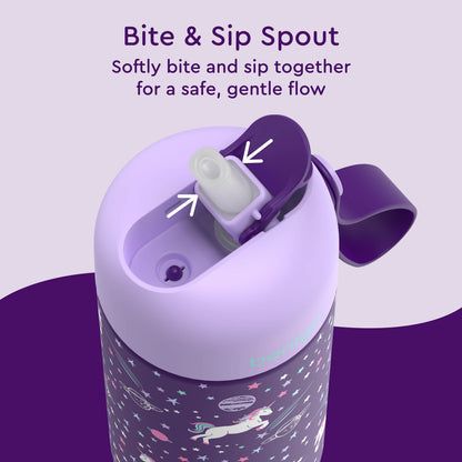 Bentgo® Kids Stainless Steel Insulated Water Bottle - Unicorn | Bite & Sip Spout - Softly Bite And Sip Together For A Safe, Gentle Flow