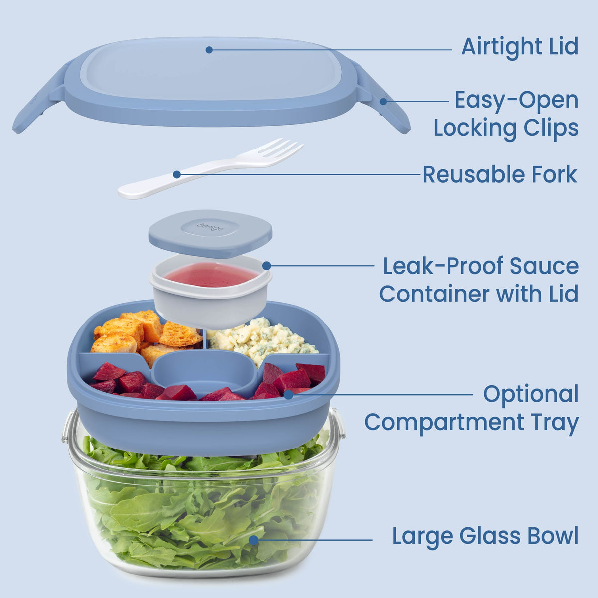 Bentgo® Glass Salad Container - Light Blue | Salad Container Contains An Airtight Lid, Easy-Open Locking Clips, Reusable Fork, Leak-Proof Sauce Container With Lid, Optional Compartment Tray, And Large Glass Bowl