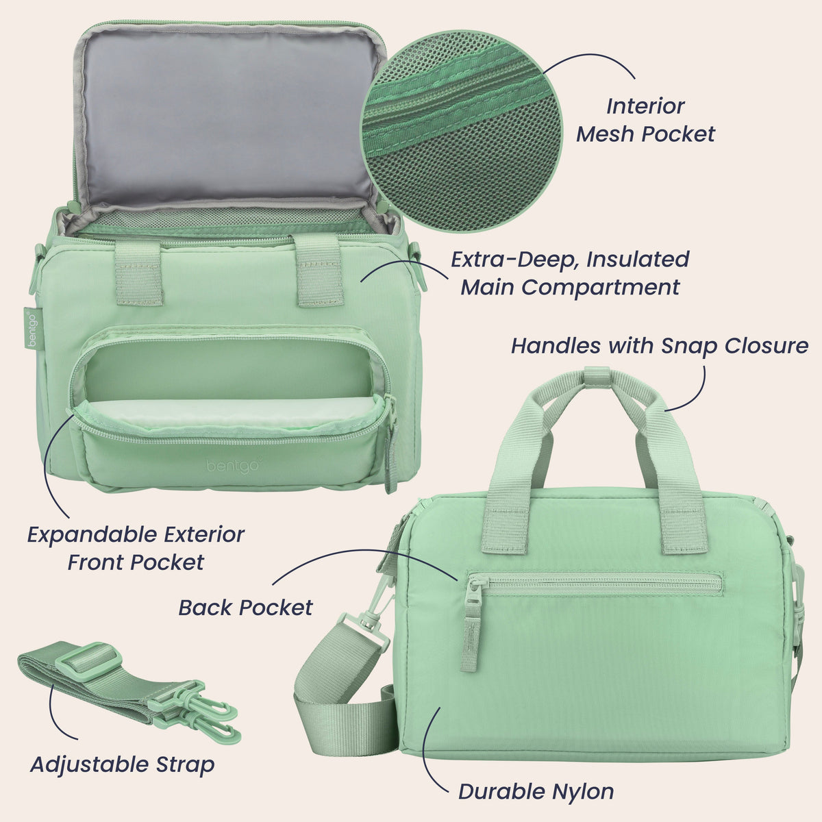 Bentgo® Insulated Lunch Bag - Clay Green | Interior Mesh Pocket, Extra-Deep, Insulated Main Compartment, Expandable Exterior Front Pocket, Handles With Snap Closure, Durable Nylon, Back Pocket, And Adjustable Strap