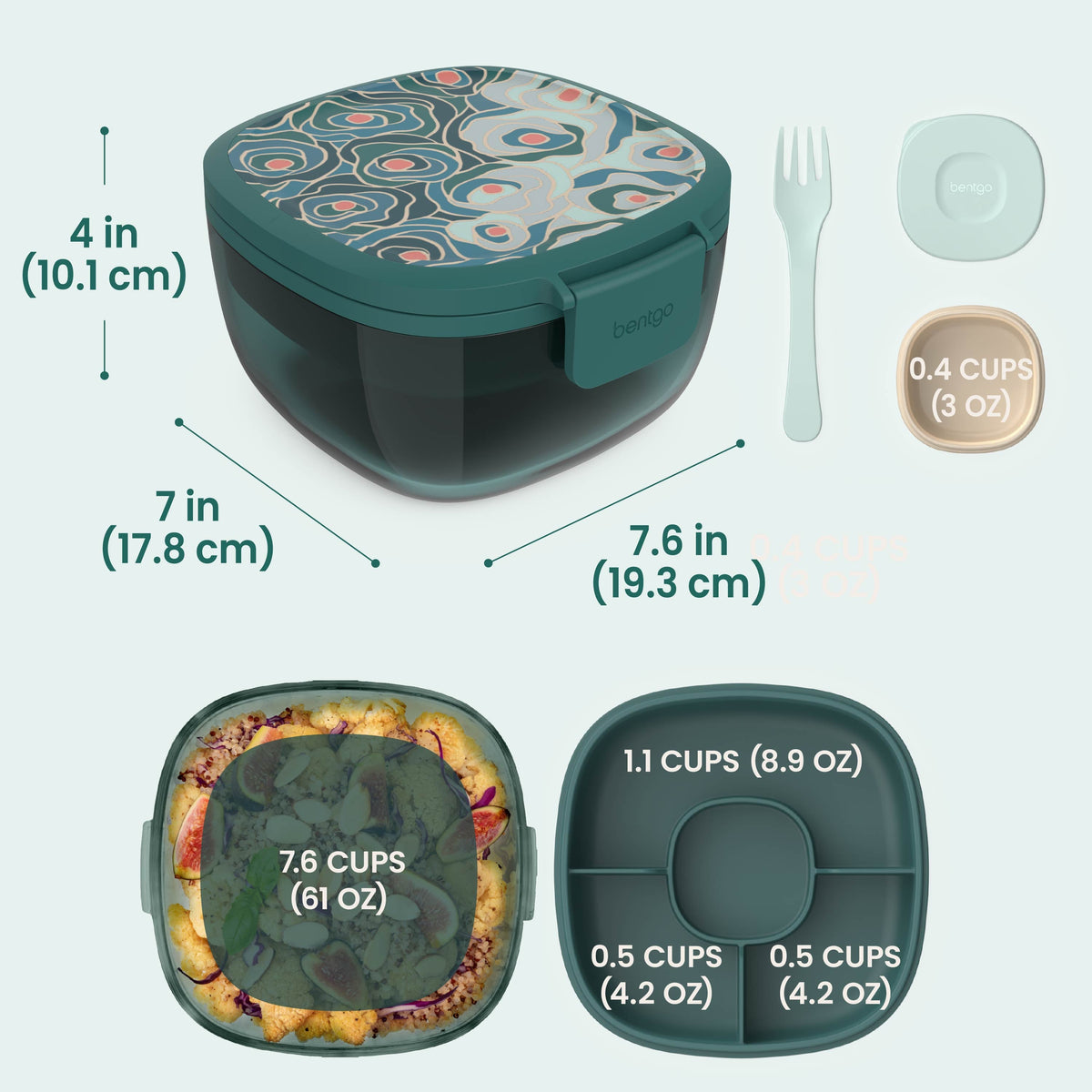Bentgo® Glass Prints All-in-One Salad Container - Floral Maximalist - Sea | Salad Container Dimensions