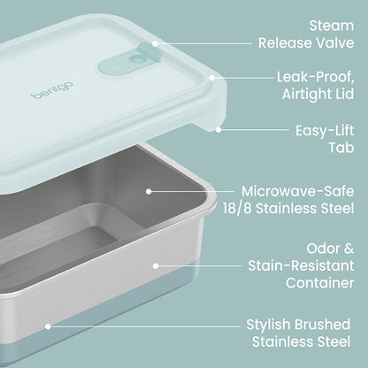 Bentgo® MicroSteel Heat & Eat Container - Family Size 8.5 Cups - Aqua | Steam Release Valve, Leak-Proof Airtight Lid, Easy-Lift Tab, Microwave-Safe 18/8 Stainless Steel, Odor & Stain-Resistant Container, And Stylish Brushed Stainless Steel