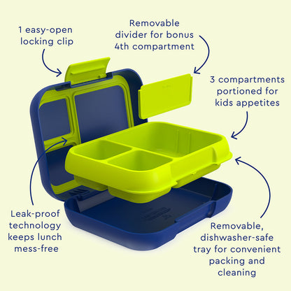 Bentgo® Pop Lunch Box- Navy Blue/Chartreuse | 1 Easy-Open Locking Clip, Removable Divider For Bonus 4th Compartment, 3 Compartments Portioned For Kids Appetites, Leak-Proof Technology Keeps Lunch Mess-Free, And Removable, Dishwasher-Safe Tray For Convenient Packing And Cleaning
