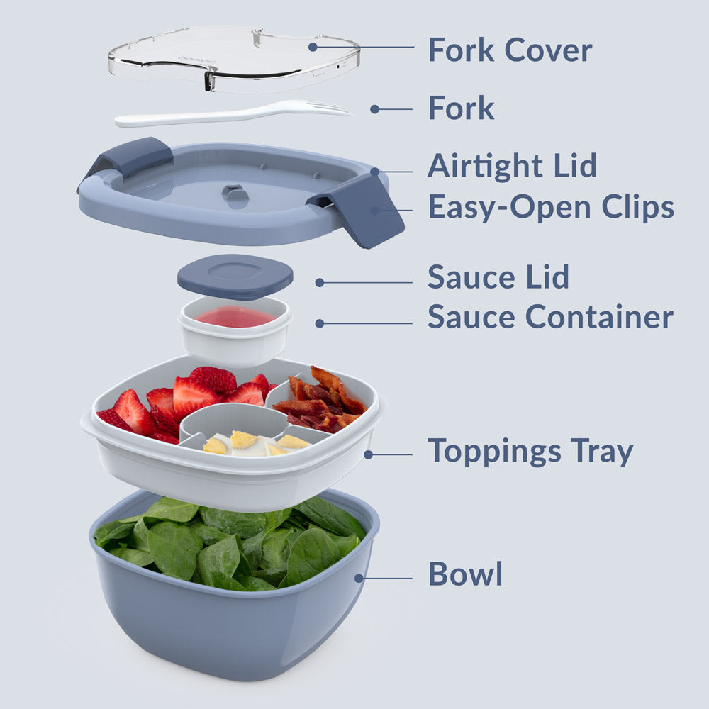 Bentgo® All-in-One Salad Container - Slate | Includes Fork Cover, Fork, Airtight Lid, Easy-Open Clips, Sauce Lid, Sauce Container, Toppings Tray, And Bowl