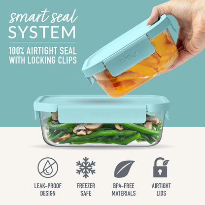 Bentgo Glass Leak-Proof Food Storage Set (14-Piece) - Soft Aqua | Smart Seal System - 100% Airtight Seal With Locking Clips