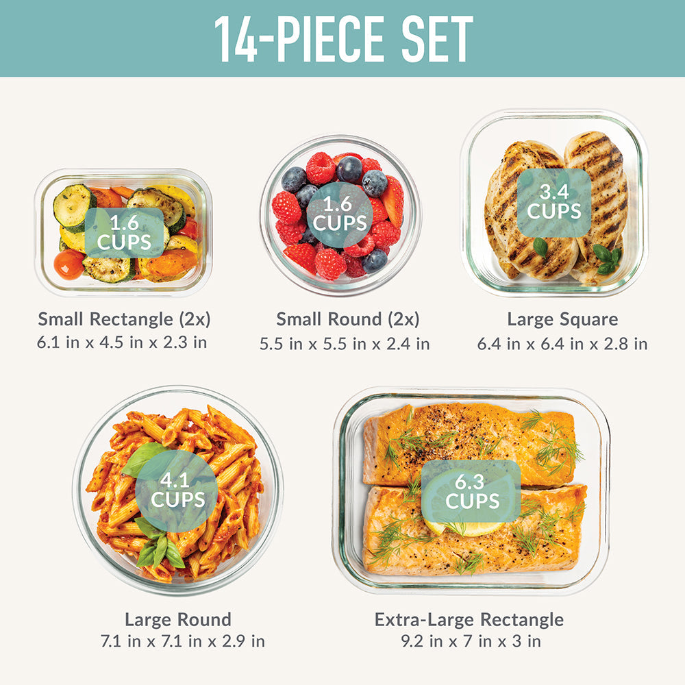Bentgo Glass Leak-Proof Food Storage Set (14-Piece) - Soft Aqua | Dimensions + What’s In The Box