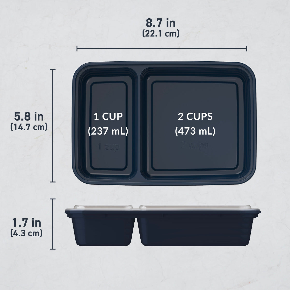 Bentgo® Prep 2-Compartment Meal Prep Containers (20-Piece) - Navy Blue | Dimensions