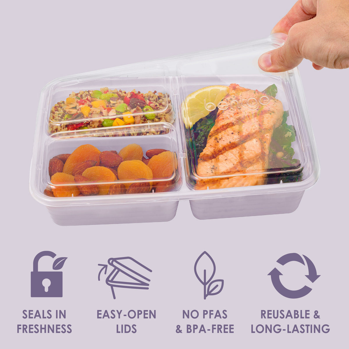 Bentgo® Prep 3-Compartment Meal Prep Containers (20-Piece) - Lilac | Seals In Freshness, Easy-Open Lids, NO PFAS & BPA-Free, Reusable & Long-Lasting