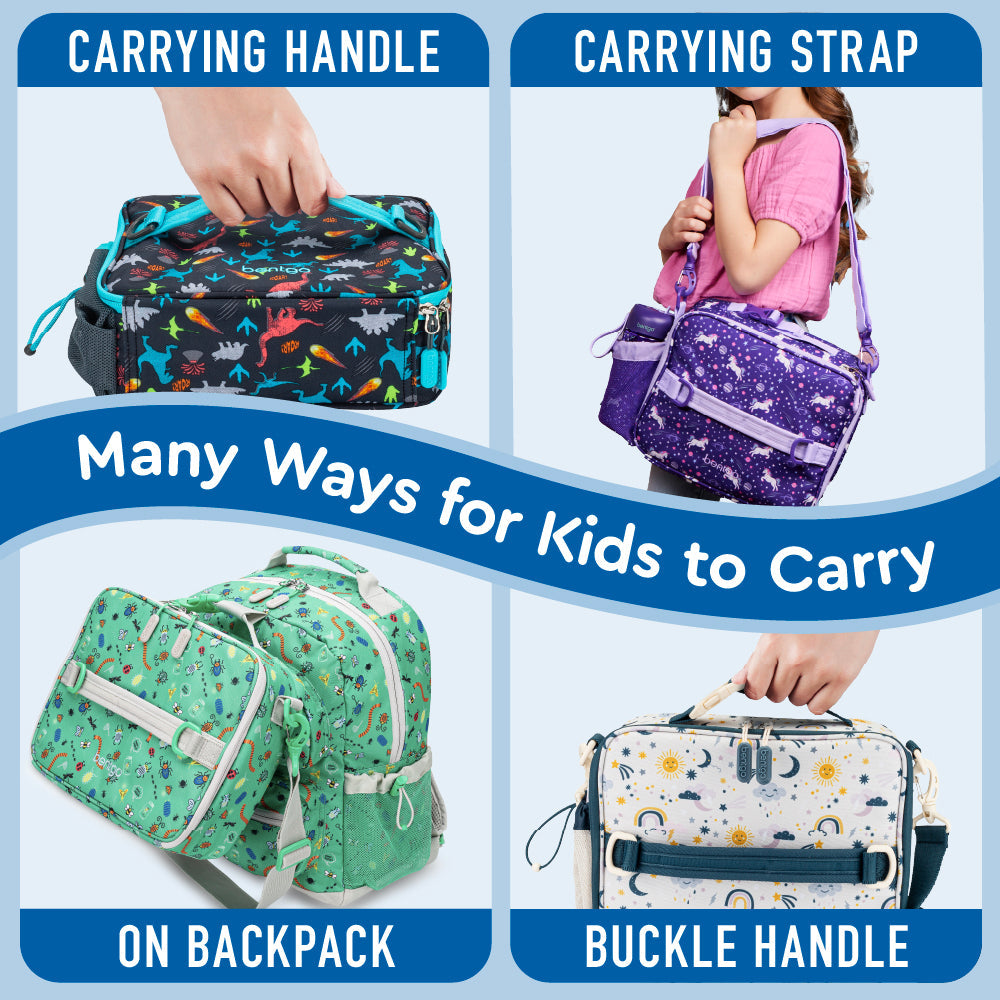 Bentgo® Kids Prints Lunch Bag - Bug Buddies | Many Ways For Kids To Carry - Carrying Handle, Carrying Strap, On Backpack, And Buckle Handle