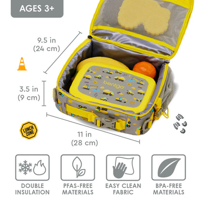 Bentgo® Kids Prints Lunch Bag - Construction Trucks | Double Insulation, PFAS-FREE Materials, Easy Clean Fabric, And BPA-Free Materials