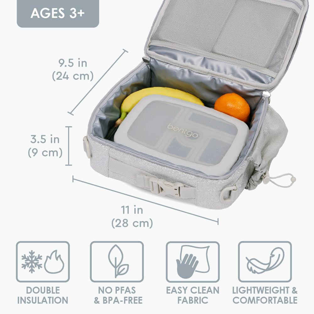 Bentgo® Kids Lunch Bag - Silver Glitter | Double Insulation, NO PFAS & BPA-Free, Easy Clean Fabric, Lightweight & Comfortable