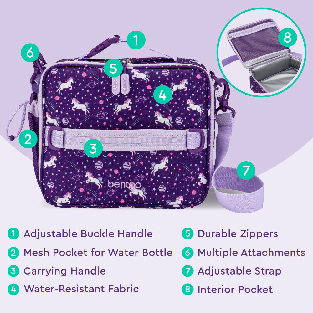 Bentgo® Kids Prints Lunch Bag - Unicorn | Adjustable Buckle Handle, Mesh Pocket for Water Bottle, Carrying Handle, Water-Resistant Fabric, Durable Zippers, Multiple Attachments, Adjustable Strap, Interior Pocket