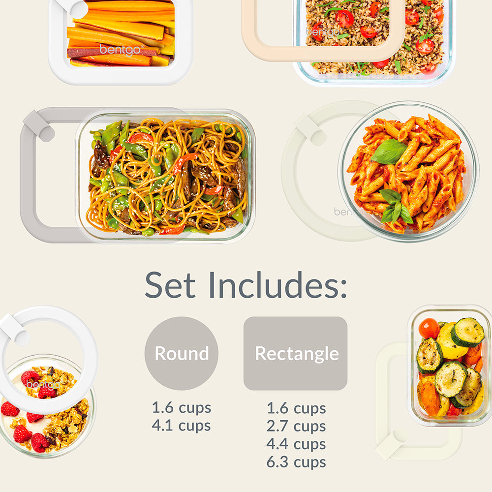 Bentgo Signature Glass Food Storage Set (12-Piece) - White Stone | Dimensions + What’s In The Box