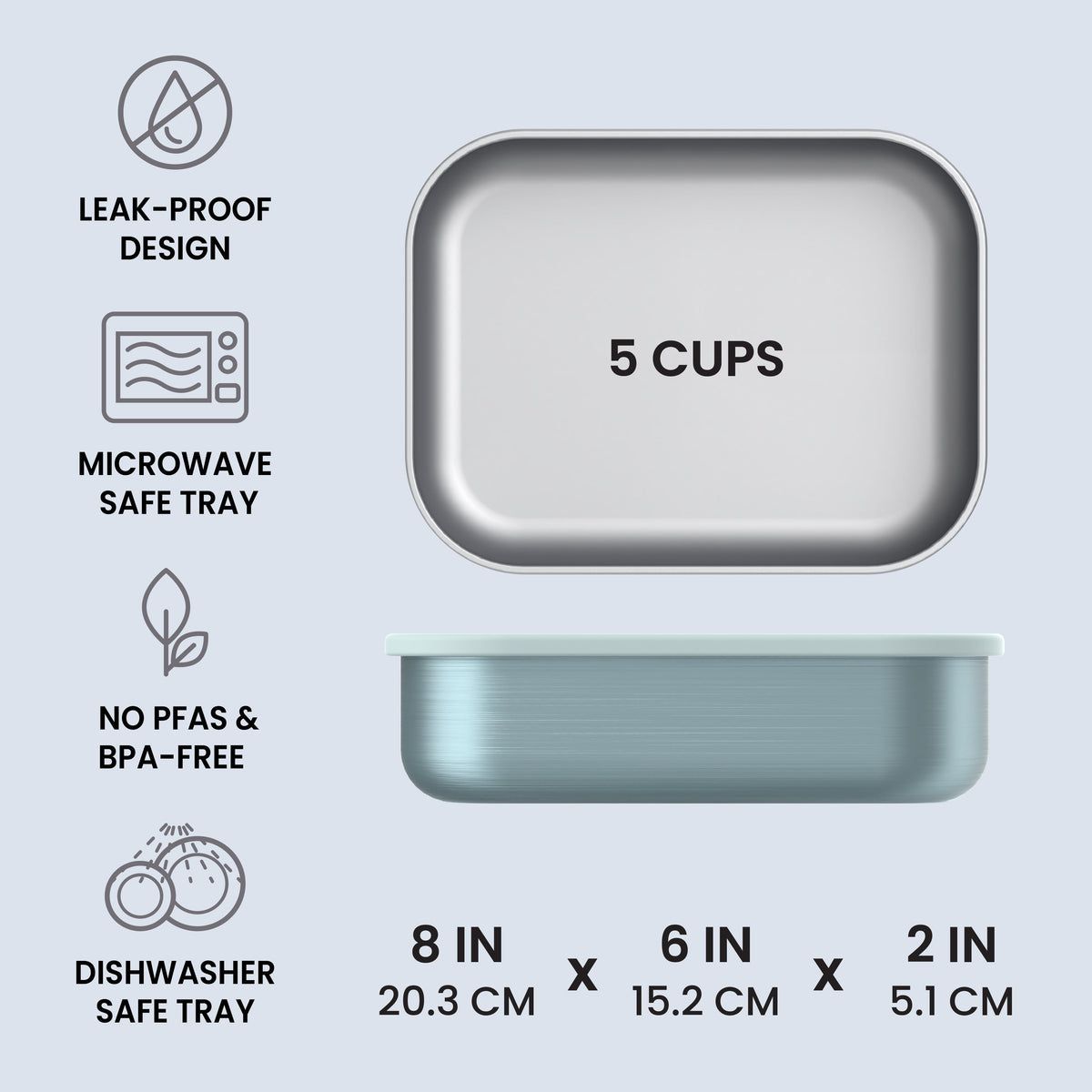 Bentgo® MicroSteel Lunch Box - Aqua | Leak-Proof Design, Microwave Safe Tray, No PFAs & BPA-Free, And Dishwasher Safe Tray | Product Dimensions